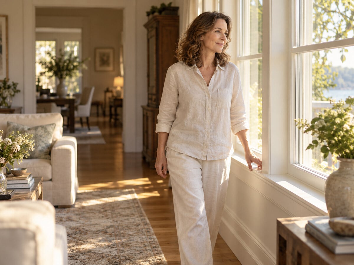 Mujer caminando despacio en casa con ropa cómoda — recuperación de la abdominoplastia