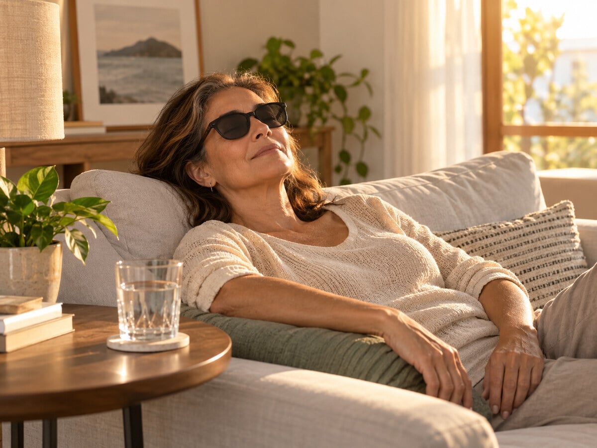 Mujer relajada en casa con gafas de sol sobre la mesa — recuperación de la blefaroplastia