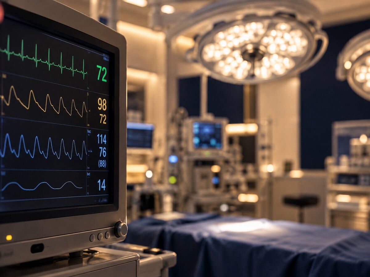 Monitor de quirófano en un hospital de alto nivel — liposucción con anestesiología dedicada y monitoreo continuo